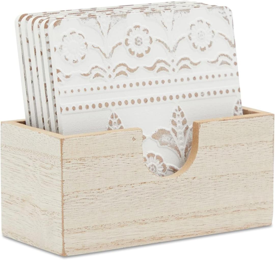 Juvale Set of 6 White Wooden Coasters with Holder for Drinks, Coffee Table, and Floral Farmhouse Decor (3.8 Inches) - Coasters Set