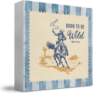 Western Office Decor, Born to Be Wild Until 9PM Cowboy Rodeo Wooden Box Sign, Vintage Rustic Western Decor for Home, Bedroom Office Desk Shelf Tabletop Decor, 5x5 Inch