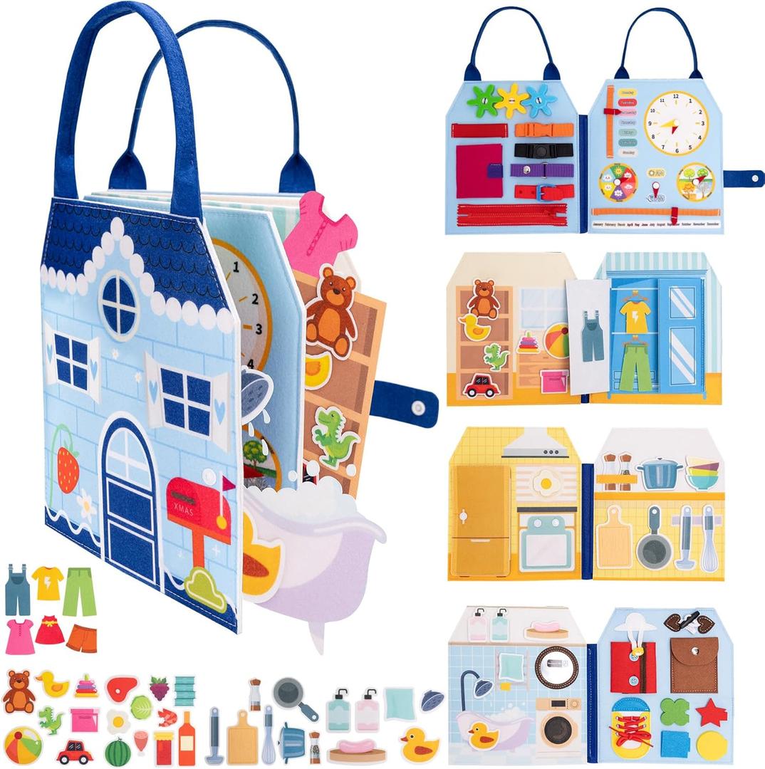 Busy Book for Toddlers - Montessori Sensory Toys for Boys & Girls Preschool Learning, 8-Page Felt Quiet Activity Board for Fine Motor Skills, Travel Toys for Airplane Car Games (House Theme)