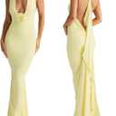 Women Sexy Backless Dress Halter Deep V Neck Detachable Flower Sleeveless Open Back Maxi Dress Cocktail Prom Formal Dresses (Small, Yellow)