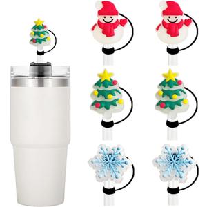 2 x 6Pcs Christmas Straw Covers, Glow in The Dark Xmas Straw Toppers Snowman Snowflake Christmas Tree Straw Tips Lids Reusable Silicone Straw Cover Caps 10mm Christmas Topper Set for Stanley Decorations