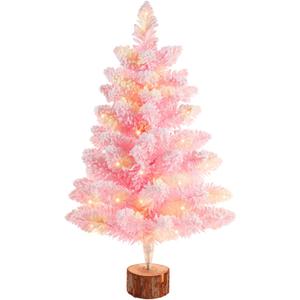 Gloreyan 2FT Artificial Christmas Tree with Lights Lighted Pink Tabletop Christmas Tree Light Up Battery Operated Snow Flocked Mini Xmas Pine Tree for Party Supplies Holiday Home Decoration