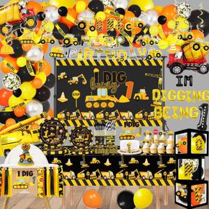 348 Pcs Construction 1st Birthday Decorations, Dump Truck One Year Old Party Supplies Include Balloons Box, Backdrop, Hanging Swirls, High Chair Banner, Hat, Tablecloth, Plates, Cake Toppers