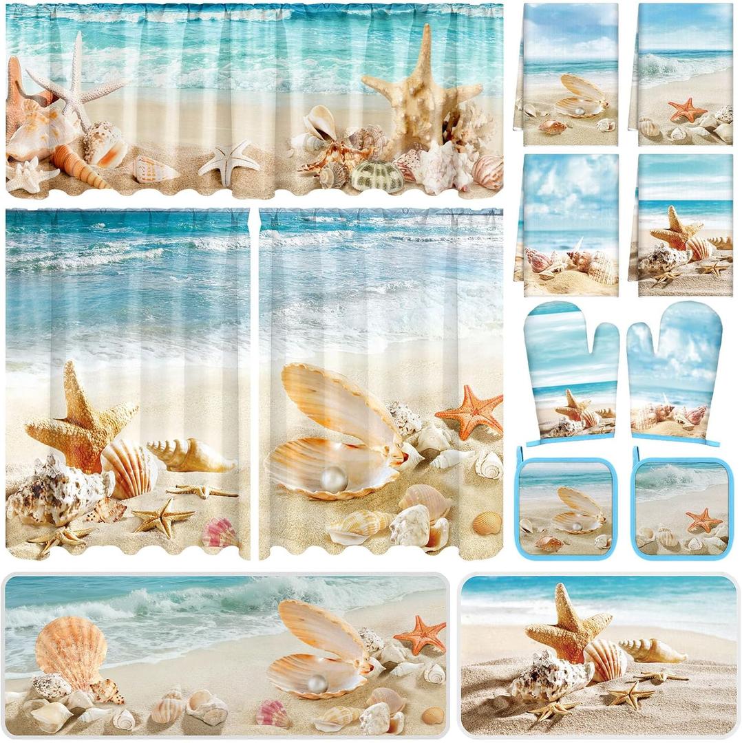 13 Pcs Beach Kitchen Decor Set 3 Seashell Kitchen Curtains Valance 2 Beach Rugs and Mats 4 Coastal Hand Towels 2 Pot Holders 2 Oven Mitts for Summer Home Decor Cooking Grilling Housewarming Gift