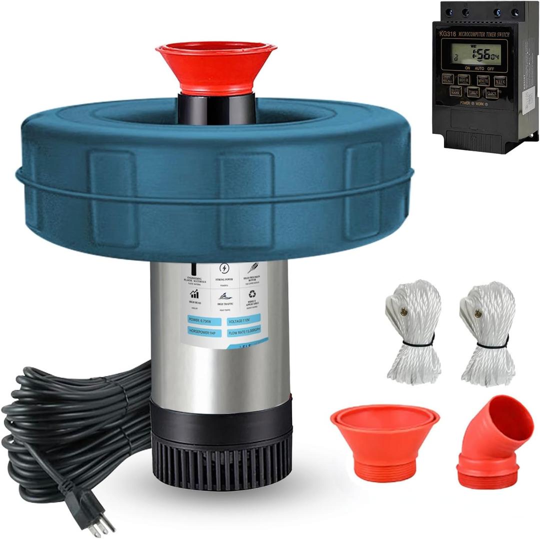 RGB LED Pond Fountain Aerator 750W with Color-Changing Light Show, 1HP 15000 GPH Floating Aerating Pump, 100ft Power Cord, Perfect for Ponds & Lakes (NO-RGB)