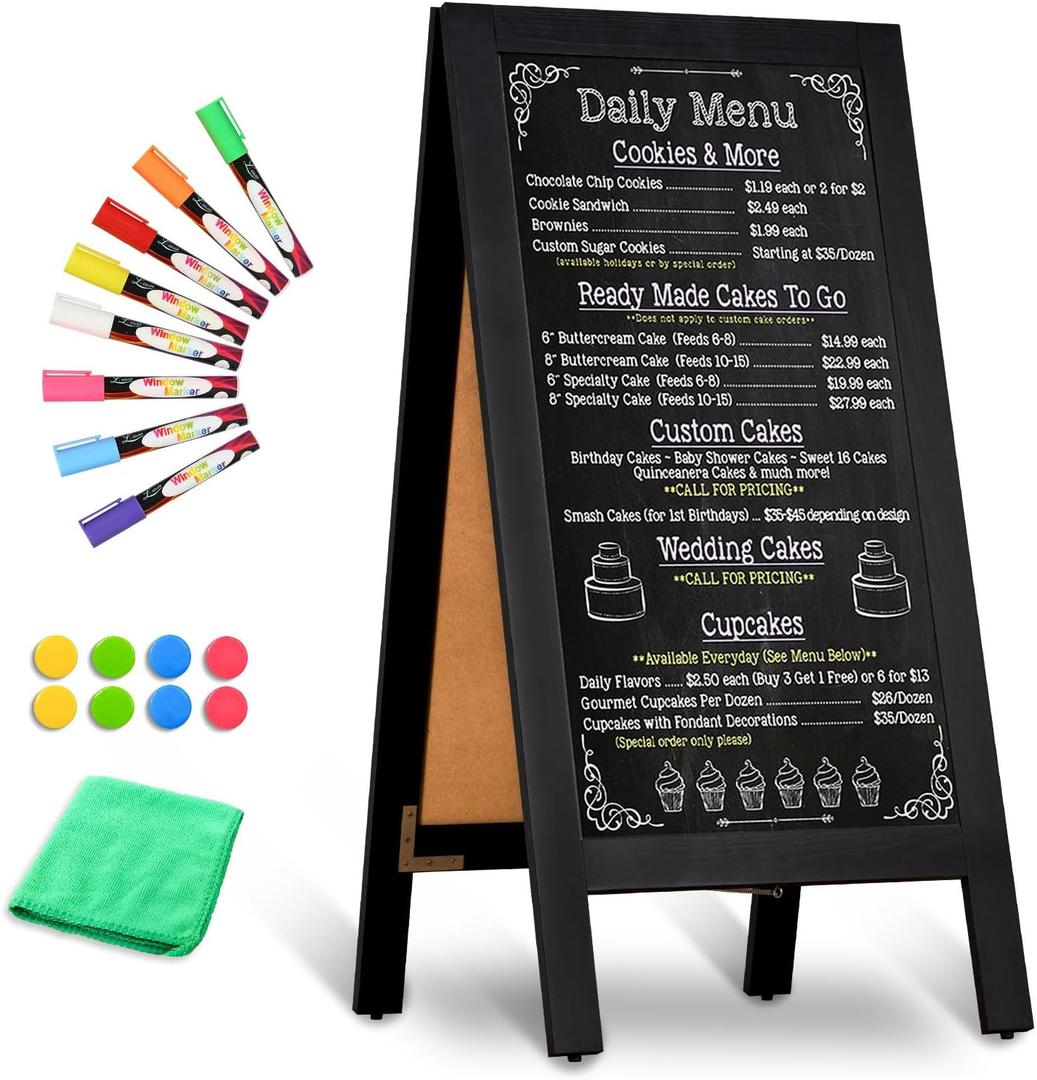Wooden A-Frame Sign, Magnetic 40" x 20" Black Chalk Board Sign Board, Double-Sided Sandwich Board Signs Outdoor, Chalkboard Easel, Menu Board for Restaurant, Business or Wedding
