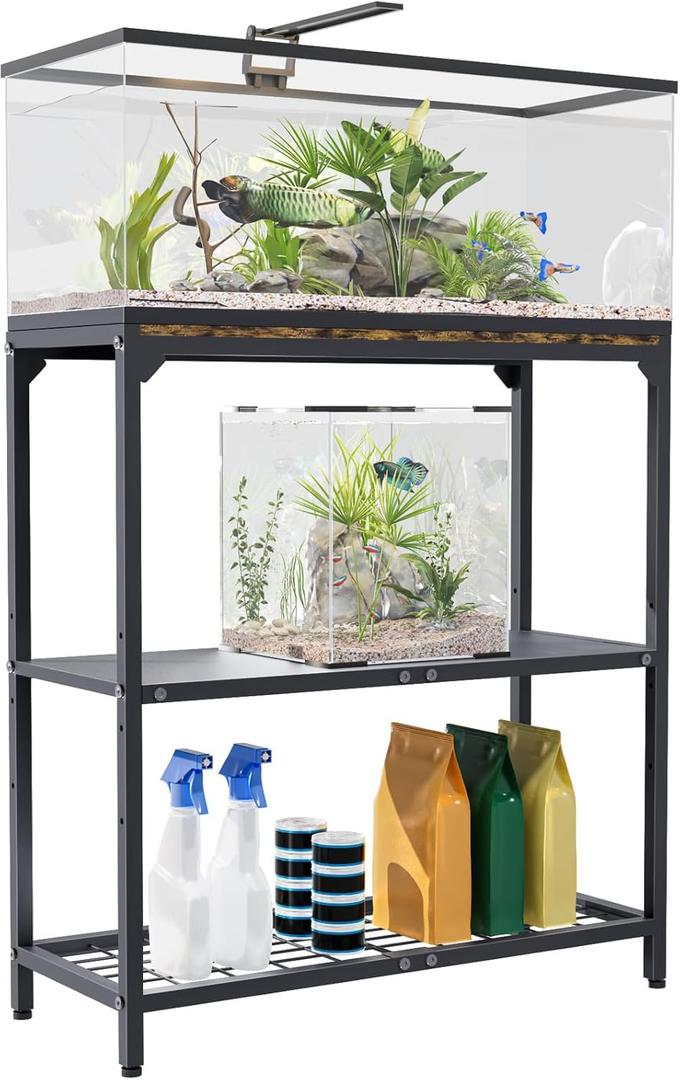 20-30 Gallon Aquarium Stand, Fish Tank Stand with Adjustable 3-Tier Storage Shelf, Heavy Duty Reptile Breeder Turtle Tank Terrarium Rack Table for Home Office, 30" L x 12" W x 32.2" H, Black