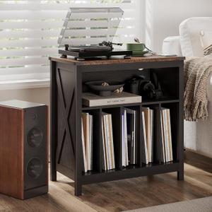 ChooChoo Large Record Player Stand with Charging Station & LED Light, Vinyl Record Holder hold up to 300 Albums, Farmhouse End Table for Bedroom, Living Room, Black