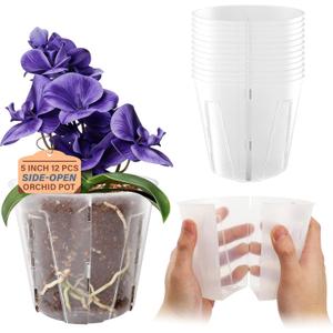Bluepro 5 Inch Side-Open Orchid Pots 12 Pack, Clear Plastic Nursery Planters with Detachable Side Walls for Easy Repotting, Breathable Slotted Flower Pots with Drainage for Root Health