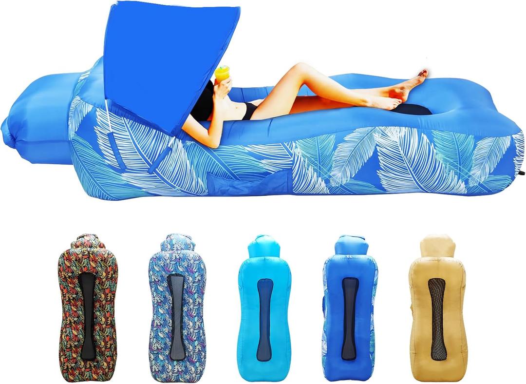 Inflatable Couch, Inflatable Lounger Air Sofa | No-Pump Blow Up Couch | Ergonomic Design, Air Couches Outdoor for Camping & Park & Beach, Upgrade Your Camping Accessories-with Sun Shade (A Blue Feathers)