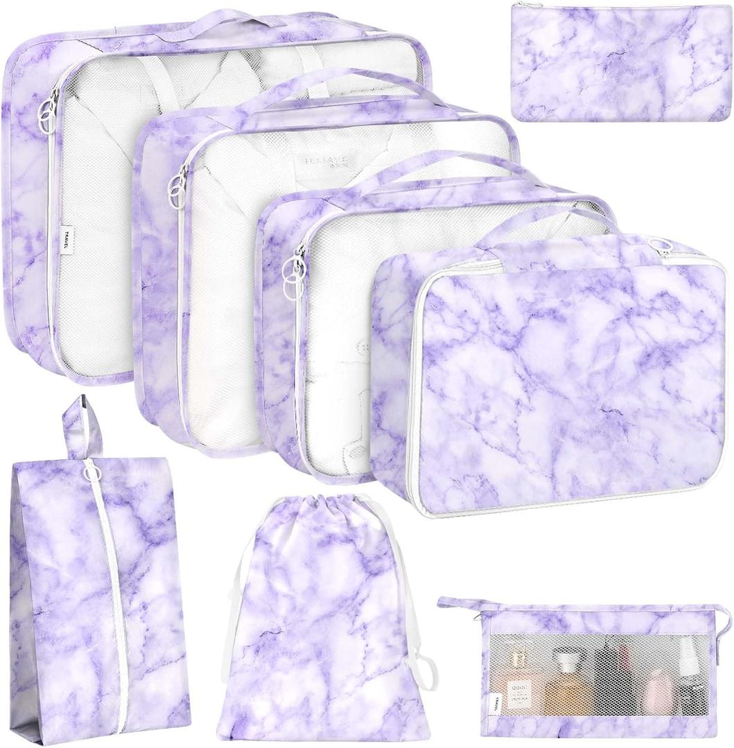 8 Set Packing Cubes for Travel, Luggage Packing Organizers Accessories Large Toiletries Bag for Clothes Shoes Cosmetics (8Set-Purple Marble)