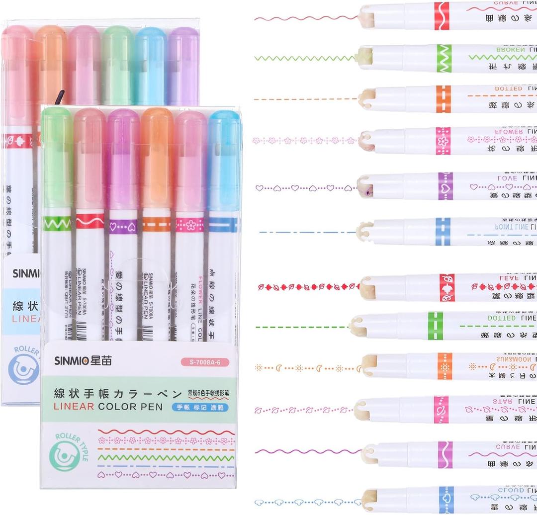12 Pcs Magic Border Pen, Different Line Stamp Markers Border Pens, Scrapbook Supplies for Drawing Note Taking, Journaling Handwriting, Tip Roll Drawing Decorative Lines