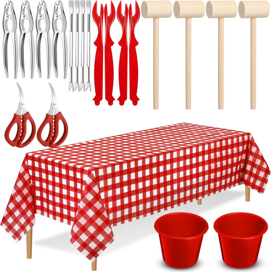 21 Pcs Seafood Tools Set Seafood Boil Party Supplies - Tablecloth Crab Crackers Scissors Lobster Sheller Hammer Shellfish Forks Cracker Red Plastic Bucket for Lobster Crab Food Party