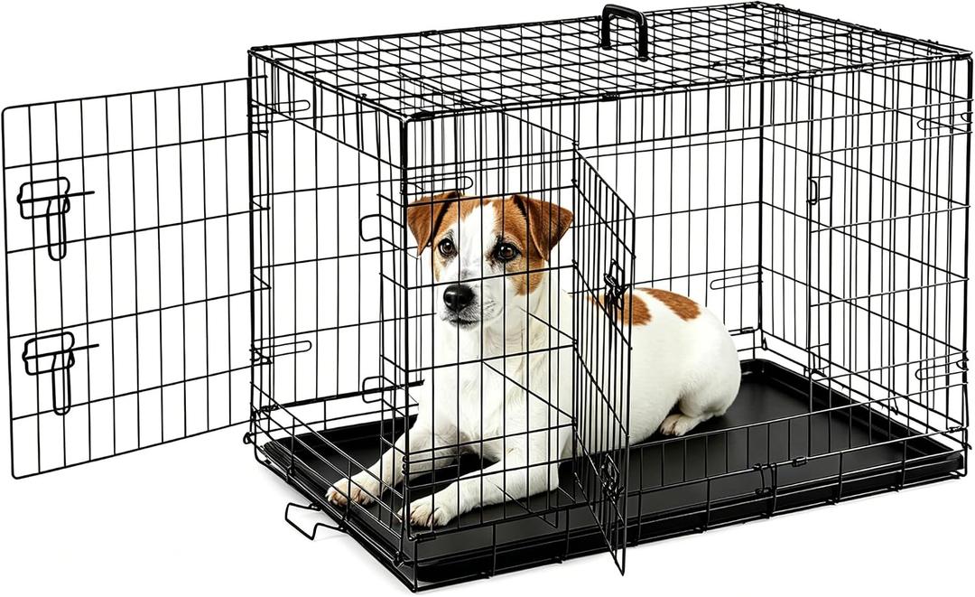 Sweetcrispy 36 Inch Dog Crate, Medium Crates Double Door Folding Metal Wire Dog Cage with Plastic Leak-Proof Pan Tray, Pet Kennel for Indoor, Outdoor, Travel