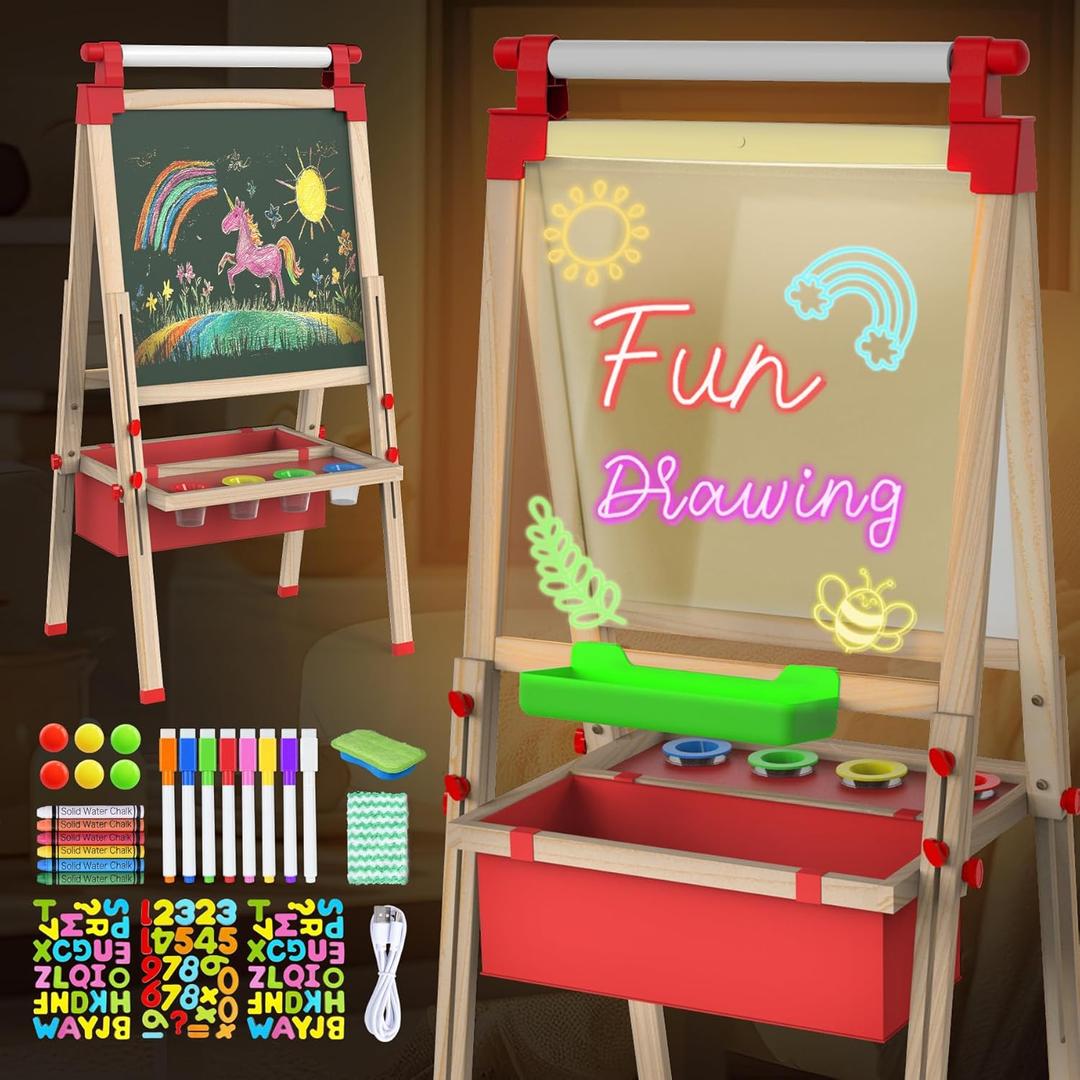 JOYOOSS LED Easel for Kids Ages 4-8 Easels for Toddlers Art Kids Easel Ages 8-12 Light Up Wooden Drawing Easels Magnetic Black Board with Paper Roll for Kid LED Dry Erase Board