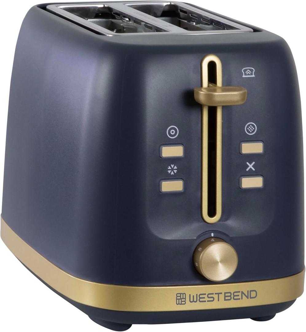 West Bend Timeless 2-Slice Toaster with 7 Browning Levels, Bagel/ Waffle/ Defrost Settings, High-Lift Lever, Anti-Jam, Easy-Clean Crumb Tray, 2-Slice, Blue/ Gold