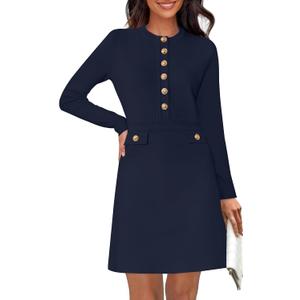 NENONA Women's 2026 Long Sleeve Fall Winter Sweater Dress Spring Fashion Button Elegant Business Casual Work Mini Dresses (Medium, Navy)