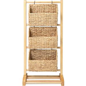HOMESTEAD 3-Tier Wooden Shelf with Water Hyacinth Woven Baskets – Rattan Shelf Basket, Boho Room Decor, Wooden Book Shelf, Bathroom Storage Shelves, Kitchen, Laundry, Living Room (Natural)