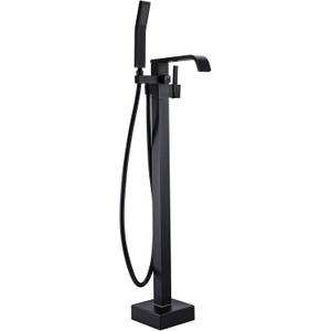 BAGNOLUX Solid Brass Floor Mount Bathtub Faucet Free Standing Tub Faucet Freestanding Tub Filler Matte Black High Flow Rate Swivel Spout with Hand Shower, YGSLT-FANG-BLACK