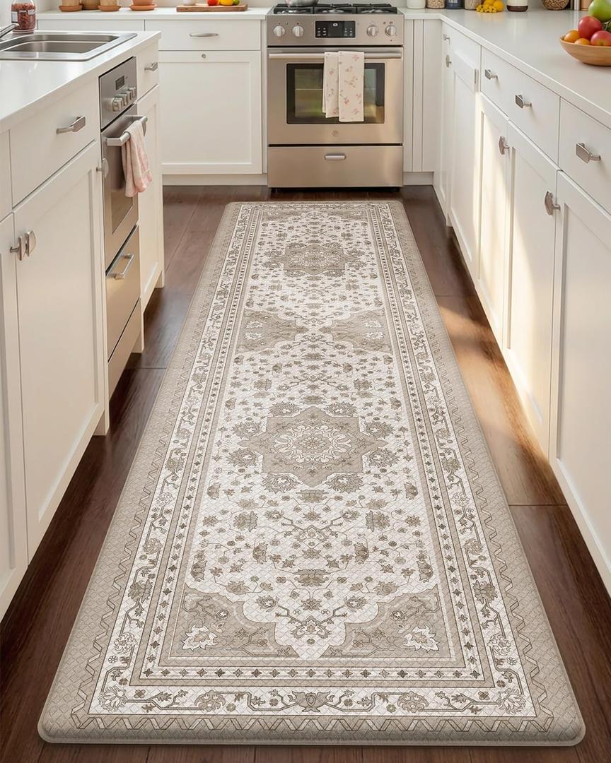 Color&Geometry Kitchen Floor Mats Anti Fatigue, Cushioned Boho Rugs,Waterproof Non Slip Kitchen Runner for Sink, Standing Mats for Office,24"x87",Beige(2.0 Version)