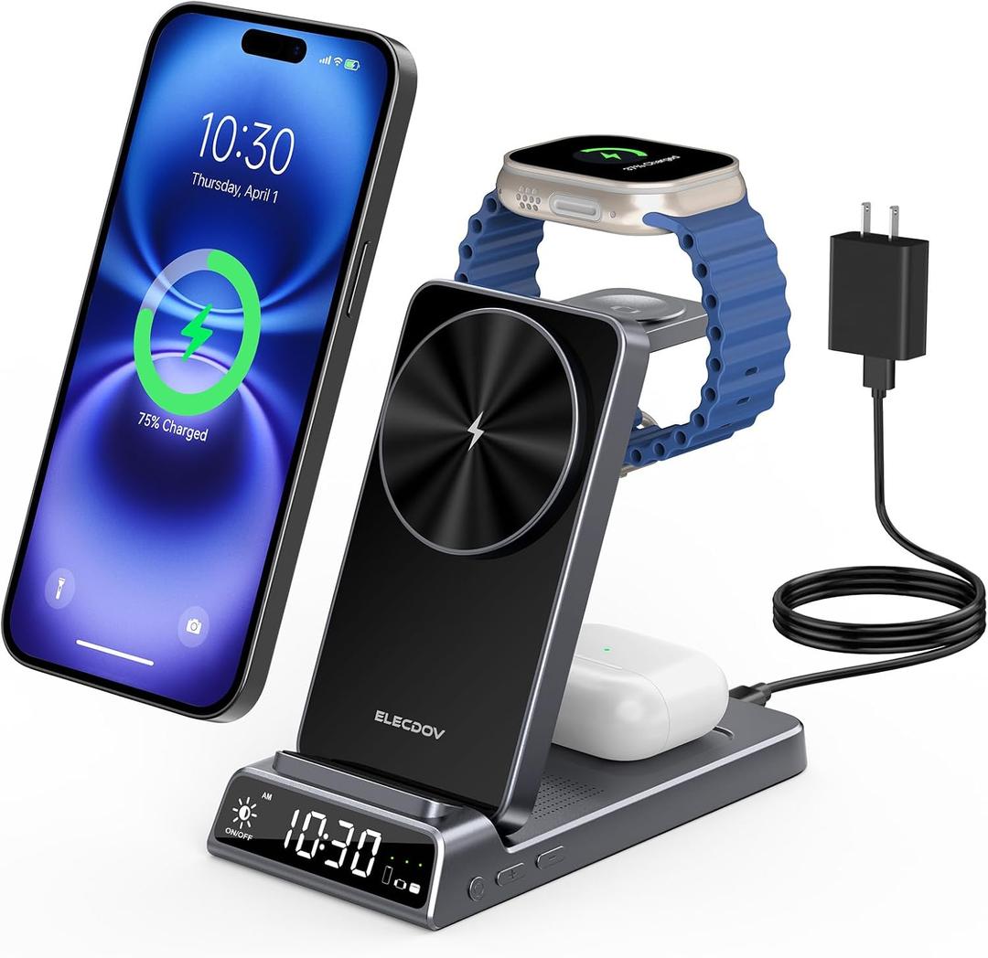 3 in 1 Charging Station for Apple, Magnetic Charger for iPhone, Foldable Wireless Charger with Clock, Travel Watch Charger Stand for iPhone 17/Air/16/15 Series, iWatch 10/AirPods 4 (Grey)