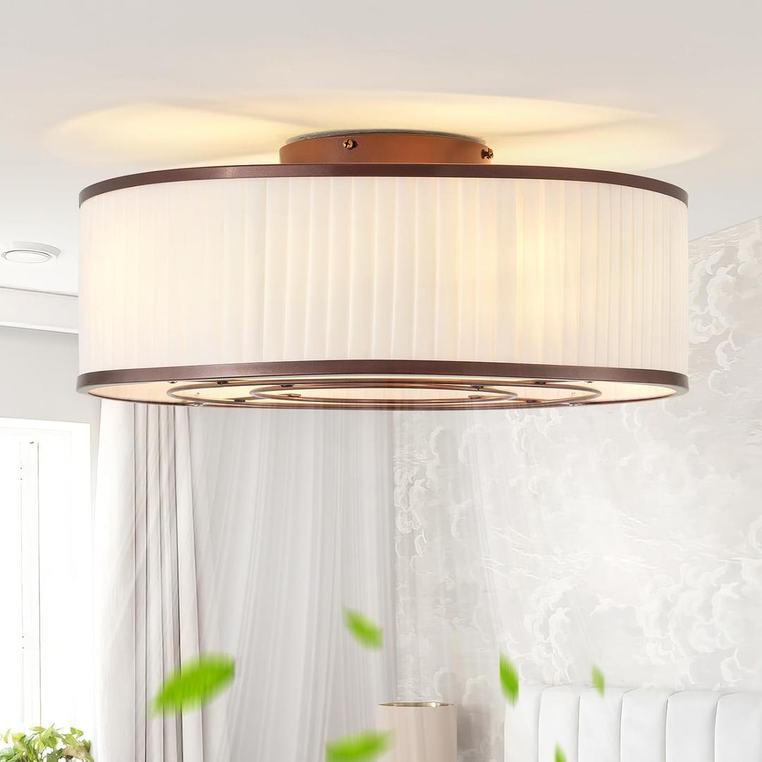 Boho Ceiling Fan with Light Flush Mount, 20" Brown Caged Ceiling Fan with Lights Remote Control, Bladeless Ceiling Fans 6 Speeds for Bedroom, Living Room, Nursery