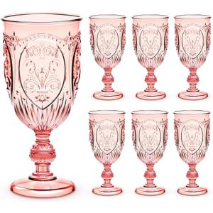 Wiwiqing 6 Pcs Plastic Goblets 7.5oz Vintage Goblet Plastic Wine Glasses Colored Retro Embossed Water Goblets for Wine Bar Juice Baby Shower Wedding Reception Grand Event Party (Pink)