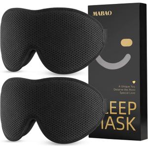 MABAO 2 Packs Sleep Mask for Side Sleeper, Eye Mask for Sleeping Women Men, 3D Contoured Cup No Eye Pressure 100% Light Blocking Sleeping Mask with Adjustable Strap Night Blindfold Flight, Nap, Black