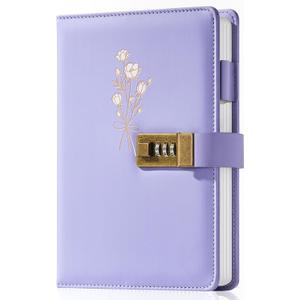 Ovesmusl Diary with Lock for Girls A5 Leather Diary for Women 260 Pages 100 GSM Refillable Journal with Lock for Teens Secrets Flower Journals with Combination Passwords, 5.7"x8.3", Purple