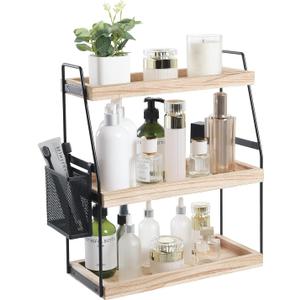 Bathroom Counter Organizer, 3Tier Standing Storage Shelf with Basket, Wood Tray for Skincare Vanity Organizer