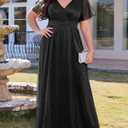 Talisea Plus Size Formal Dresses - V Neck Flutter Sleeve Glitter Prom Evening Gowns Wedding Guest Chiffon Long Maxi Dress , 18Plus