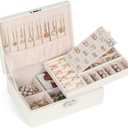 Jewelry Box for Women Girls, 2 Layers Jewelry Organizer Container with Lock, PU Leather Storage Case with Removable Tray, Jewelry Display Box for Necklaces Earrings Bracelets Rings Watches - White