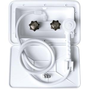 RV Outdoor Shower Exterior Shower Box Kit with Camper RV Outside Showers Faucet Valve + Coiled Hose + Sprayer Head + Lock, Replacement for Camper, Van, Travel Trailer, Motorhome and Boat,White