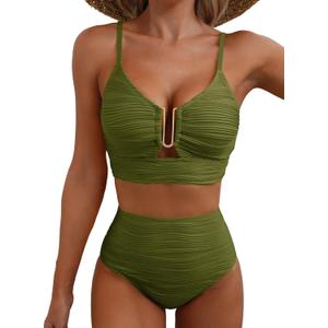 Herseas 2 Piece Bikini Set U-Wire Cutout Popular Swimsuit High Waisted Textured 2026 Summer Beach Swim Bathing Suits (Large, Grass Green)