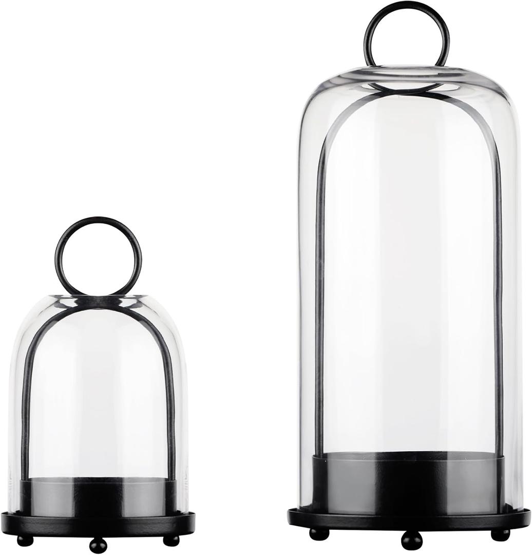 5" & 4" Wide Versatile Metal Candle Holder in Black with Handmade Thick, Heavy & Sturdy Glass Dome for Pillar Candle, Industrial, Modern, Shelf, Mantel, Veranda, Porch (2, Black, Large & Small)