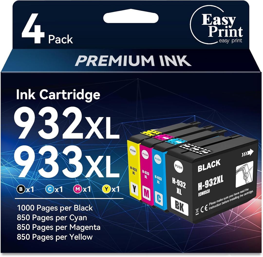 EASYPRINT Compatible 932XL 933XL Ink Cartridges BK/C/M/Y Replacement for HP 932XL 933XL 932 933 Compatible with Officejet 6100 6600 6700 7110 7510 7610 7612 7620 Printer 4 Pack