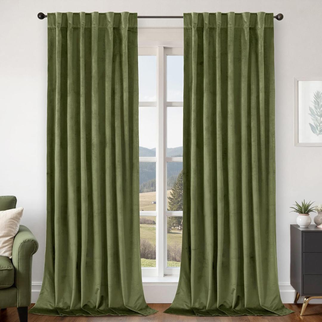 BGment Sage Green Velvet Curtains 108 Inches Long, Super Soft Room Darkening Thermal Insulated Soundproof Back Tab and Rod Pocket Curtains for Bedroom/Living Room, Set of 2 Panels, 52 x 108 Inch