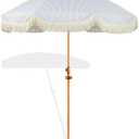 Seazul 6.5ft Patio Umbrella with Fringe, Beach Umbrella, Fringe Umbrella Outdoor Patio with Hanging Hook, Tilting Aluminum Pole, UV 50+, Fiberglass Ribs, Blue White Stripe