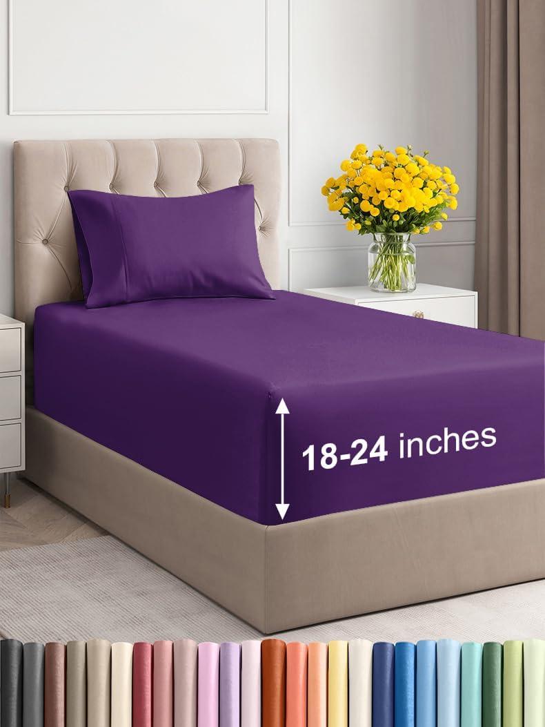 Extra Deep Pocket Twin Sheets - 3 Piece Breathable & Cooling Bed Sheets - Hotel Luxury Bed Sheet Set - Soft, Wrinkle Free & Comfy - Easily Fits Extra Deep Mattresses - Deep Pocket Purple Sheets Set