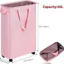 efluky Slim Laundry Hamper with Wheels, Rolling Laundry Basket for Clothes, Small Laundry Basket for Bedroom, Dorm and Laundry Room, 60L (12.7 Gallons) Pink