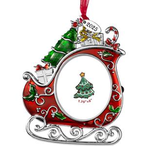 2025 Christmas Tree Sleigh Ornament Picture Frame Metal Hanging Pendant Holiday 2" Photo Frame Charm Decorative of Pets, Baby First Christmas, Family (2025 Sleigh)