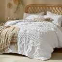 Tufted Boho King Size Comforter Set, 3 Pieces White Boho Bed Set, Farmhouse Shabby Chic Embroidery Bedding for All Seasons, Soft Jacquard King Bedding Set with Comforter  2 Pillow Shams