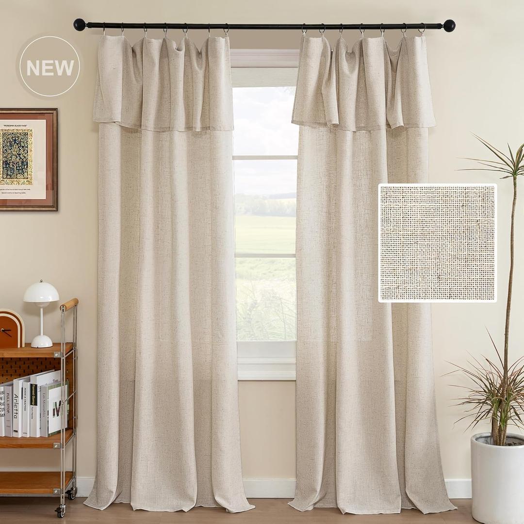 H.VERSAILTEX Linen Curtains with Valance 84 Inch Length for Living Room Boho Window Drapes 2 Panels Set for Farmhouse Semi-Sheer Curtain for Bedroom Rod Pocket/Ring Top 52 x 84 Inch, Linen