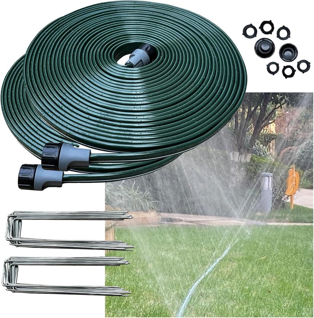 Watoo 2026 Sprinkler Hose & Soaker Hose for Yard - 100 FT Reinforced Flat Garden Hose with Holes, Heavy Duty No-Kink Lawn Irrigation Hose (Includes Stakes, High Pressure Spray)