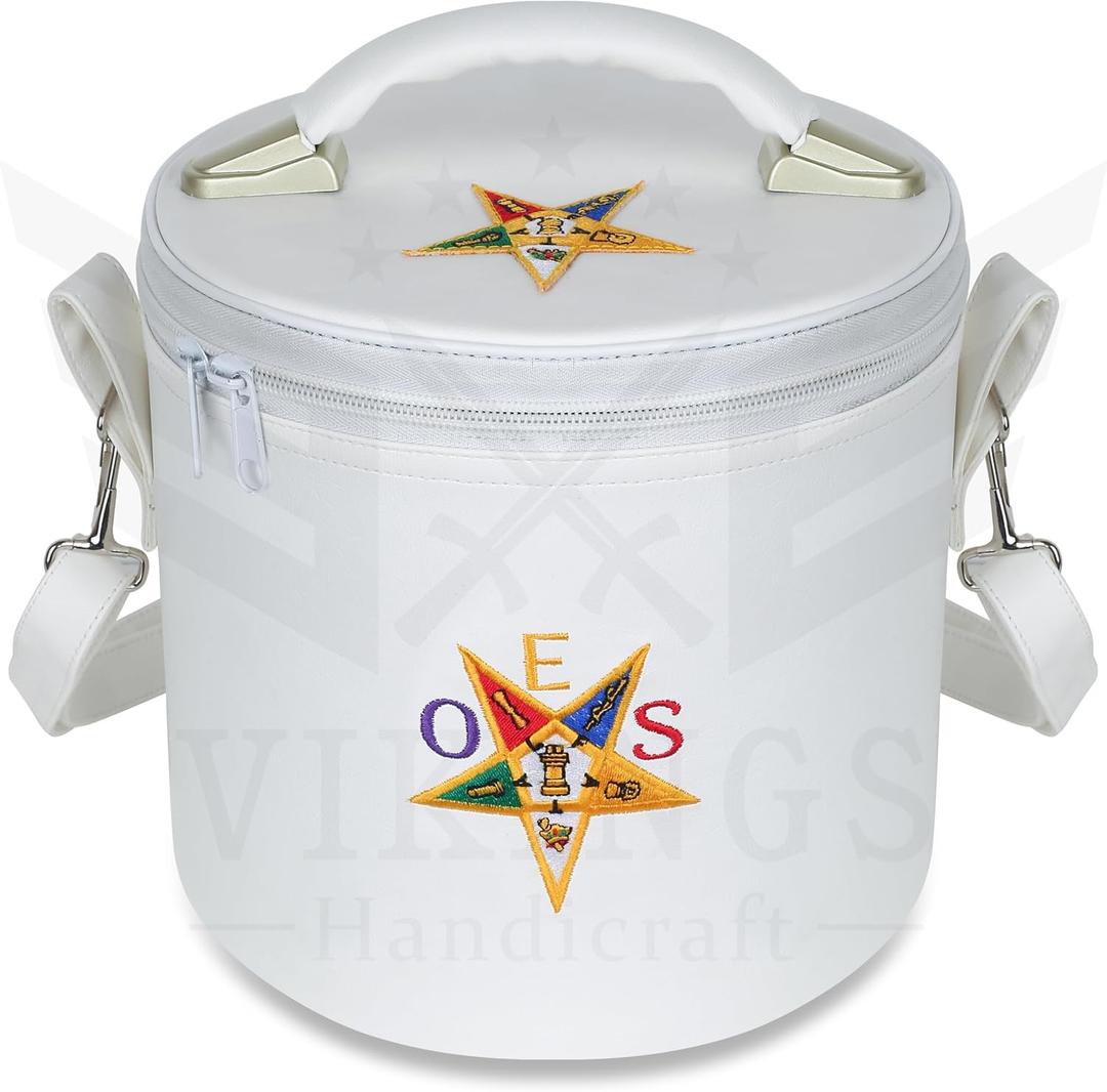 Masonic OES Crown, Fez Case - Order of Eastern Star White Fez Cap For Freemasons With Strap For Hanging on Shoulder