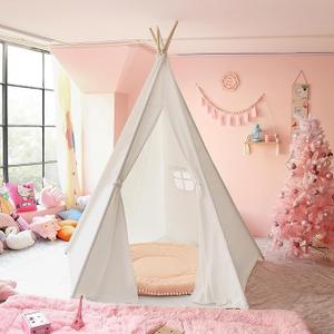 CO-Z Larger 85" H Kids Teepee Play Tent, 2.1m Large Indoor Canvas Teepee Tent for Adults, Tall Foldable Teepee Outdoor, 5 Sides Party Picnic Wedding Teepee Tent with Storage Bag | 2.1m Large Indoor Canvas Teepee, cotton with pine poles, 5 sides, floor cushion, fits 3 kids, for indoor outdoor party picnic