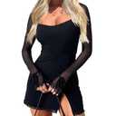 HYPERFIRE Women's Mesh Long Sleeve Square Neck Split Hem Party Club Cocktail Bodycon Mini Dress Black, Large