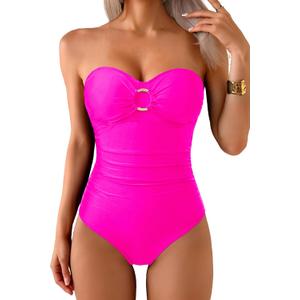 Daci Women Hot Pink Womens One Piece Swimsuit Tummy Control- Moderate Coverage Bathing Suit 2025 Bandeau Strapless Swimwear L