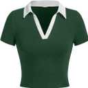 Avanova Women Polo Collared V Neck Tee Shirts Ringer Short Sleeve Crop Tops (Medium, Green)