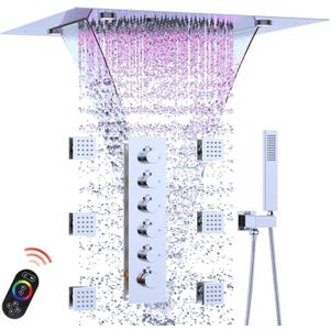 Enga 20 Inch Rain Shower System, LED Atomizing Rainfall Waterfall Large Horizontal Square Ceiling Shower Head with Remote Control Thermostatic Shower Faucet Set Flow Can Be Controlled, Chrome